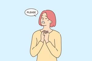 Guilty woman begs for help and assistance in solving problem, demonstrates pleading emotions vector