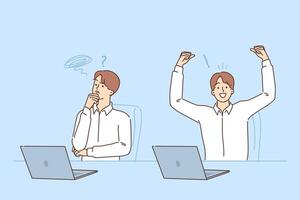 Man office worker rejoices at completing difficult task, sitting near to colleague scratching chin vector