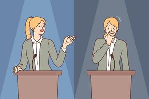 Glossophobia and fear of public speaking is demonstrated by women standing behind podium vector