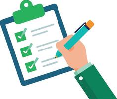 Paper clipboard, checklist form. Hand holding sheet with checklist. To-do document. Cartoon questionnaire document vector