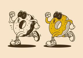 Donut, make the world go round. Retro mascot character of donut in running pose, with two different colo vector