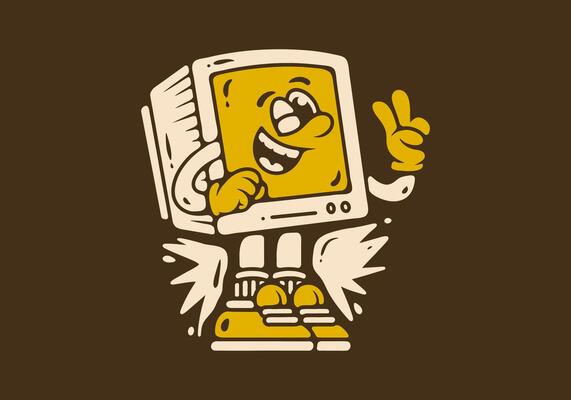Box monitor character with peace hand in yellow brown colors, Dark background