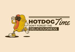 Hot Dog time, Don't forget the deliciousness. Vintage retro character of hot dog in running pose. in banner type vector