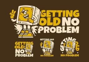 Box monitor character with peace hand in yellow brown colors. Getting old no problem. in four types vector