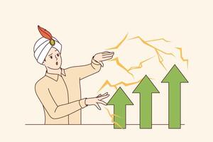 Man in wizard hat demonstrates business magic, increasing financial performance using fraud vector