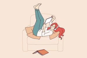 Lazy girl listens to music lying in chair, distracted from reading textbook to prepare for exams vector