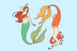 Mermaids swim deep underwater demonstrating ability to dive to seabed and not breathe for long time vector