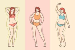Woman transformation through losing excess weight and gaining built-in body after liposuction vector