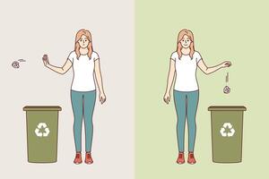 Woman throws trash into paper recycling bin, demonstrating correct way to dispose of waste vector
