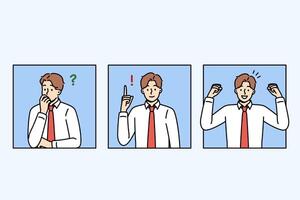 Business man thinks about question and rejoices after finding solution or having good idea vector