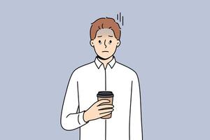 Tired business man suffering from exhaustion and burnout and holding paper cup of coffee in hands vector