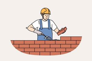 Man bricklayer builds brick wall by spreading concrete mortar to create strong house or cottage vector