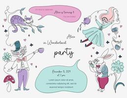 Alice in Wonderland birthday party invitation card. Horizontal template with characters and symbols of famous fairy tale. Line art style design. Hand drawn illustration. vector