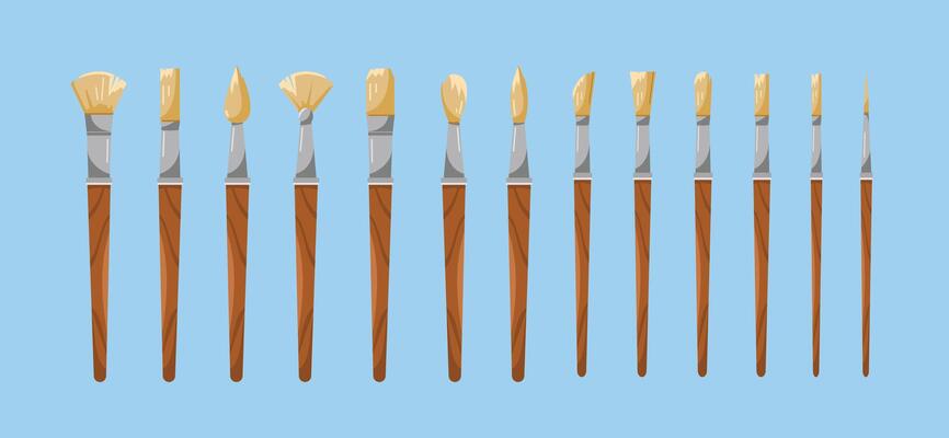 set of paint brush icons, artist items in drawing in flat style, suitable for posters and web icons
