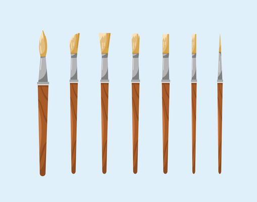 set of small paint brush icons, artist items in drawing in flat style, suitable for posters and web icons