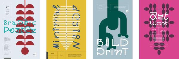 Poster templates showcase abstract geometric leaves on trendy color backgrounds with creative modern typography. Combining minimalist and postmodern styles. Contemporary art event botanical placards vector