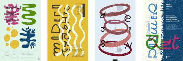 Abstract bold posters. Simple colorful shapes and modern creative typography. Curved shapes forms fusion, minimalist aesthetics and postmodern flair. Announcing contemporary art exhibitions or events vector