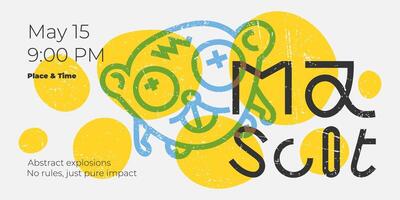 Horizontal poster with funny graffiti-style character, abstract shapes, and vintage scratches. Features creative font. Editable template blending modern art and trendy design vector