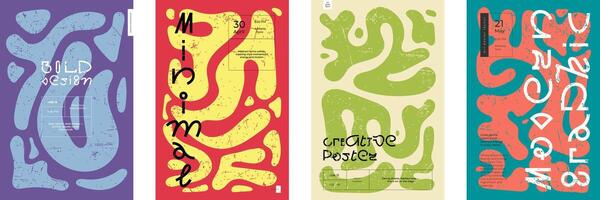 Abstract poster templates. Artistic liquid organic blob shapes pattern placards. Trendy Y2K vintage style colorful wavy bubbles and drops. Typography print with modern fluid forms and minimalist waves vector