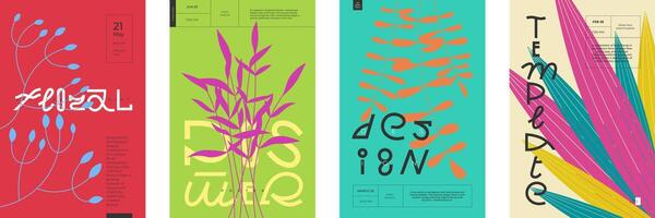 Poster layouts feature abstract graphic leaves, branch and plants on trendy color backgrounds with creative modern typography. Combining minimalist and postmodern styles. Contemporary art event prints vector