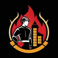 firefighter with fire helmet and fire hose in background vector