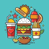 fast food icons in a circle with hamburger, fries, soda and other items vector