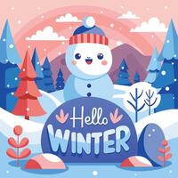 a cartoon snowman in a hat and hat with the words hello winter vector