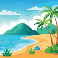 tropical beach with palm trees and mountains vector