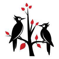 two birds sitting on a tree branch with red leaves vector