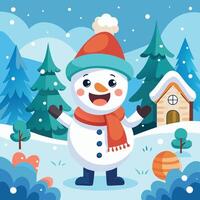 snowman in winter landscape with house and trees vector