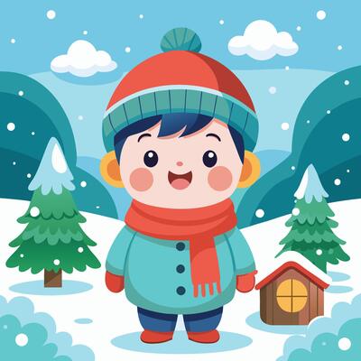 a cartoon boy in winter clothes standing in front of a house