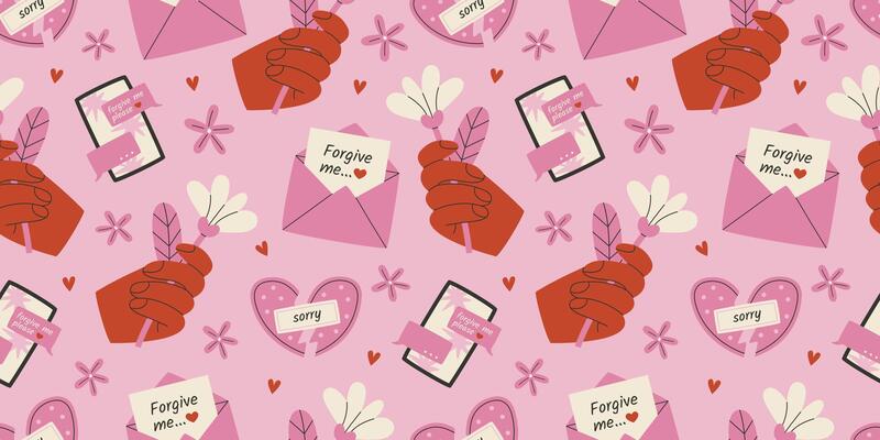 Pink seamless pattern with hand, flower, hearts and letter of forgiveness. Apologizing people, flowers and letters. Flat illustration.