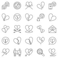 Broken Heart outline icons set. heartbreak concept linear symbols vector