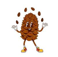 Groovy pine nut cone retro cartoon funky character vector