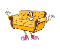 Cartoon sofa groovy furniture character smiling vector