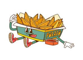 Retro cartoon groovy fried potato wedges character vector
