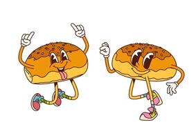 Cartoon retro groovy japanese anpan bun characters vector
