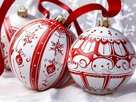 A red and white christmas ornament with a tree in the background photo