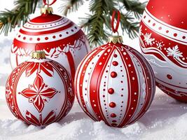A red and white christmas ornament with a tree in the background photo