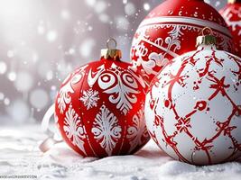 A red and white christmas ornament with a tree in the background photo