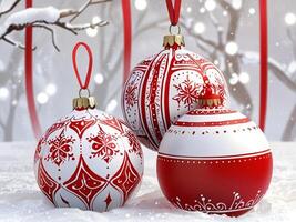 A red and white christmas ornament with a tree in the background photo