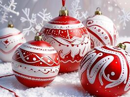 A red and white christmas ornament with a tree in the background photo