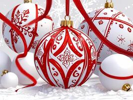 A red and white christmas ornament with a tree in the background photo