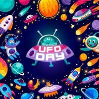 World UFO Day banner, alien characters in space vector