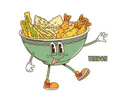 Cartoon retro groovy tendon donburi character vector