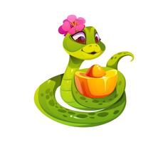 Cartoon green snake character with Chinese ingot vector
