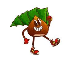 Christmas hazelnut nut character carries pine tree vector