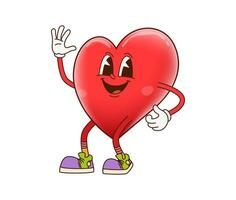 Groovy cartoon heart character waving Hi Hello vector