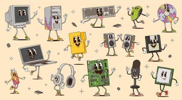 Cartoon groovy computer devices, retro characters vector