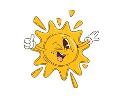 Cartoon retro groovy sun character with thumb up vector